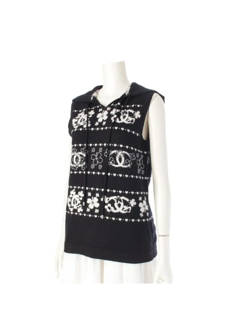 Chanel Cashmere Cotton CC Logo Clover Hoodie Knit Vest Top Black White 38